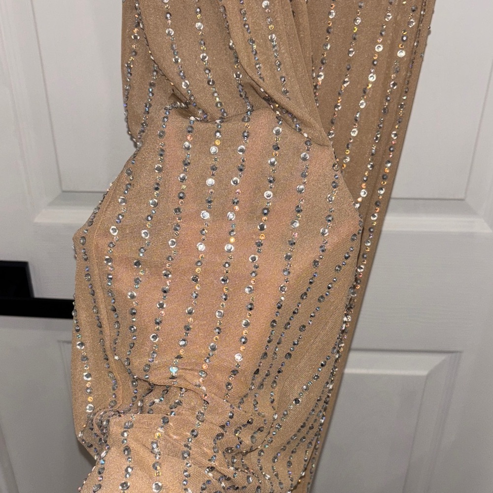 Banjul Tan Sequin Embellished double strap Dress bodysuit attached-sheer bottom - Picture 10 of 16